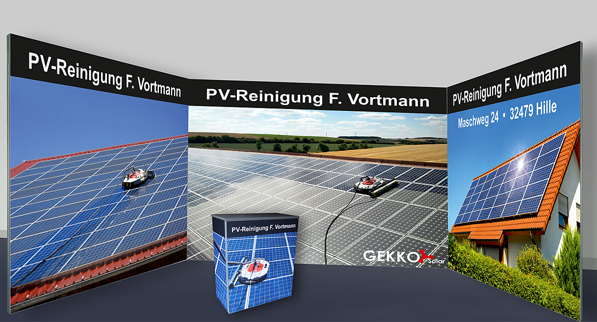 Ein Messestand aus 3 Messewänden im Format je 300 x 250 cm und Counter. Ein Messestand aus 3 Messewänden im Format je 300 x 250 cm und Counter.